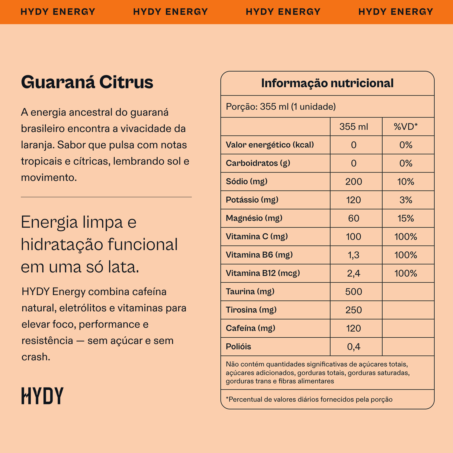 HYDY Energy Drink Guaraná Citrus - 6 latas