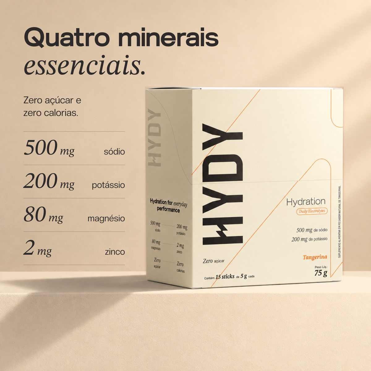 Quatro minerais essenciais em cada stick: 500 mg de sódio, 200 mg de potássio, 80 mg de magnésio e 2 mg de zinco. Zero açúcar e zero calorias.