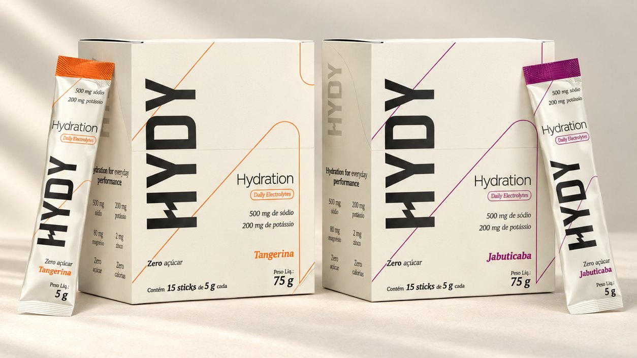 Caixas e sticks HYDY Hydration Tangerina e Jabuticaba